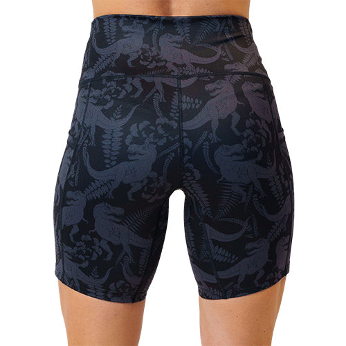 back view of 7 inch black on black dinosaur printed shorts