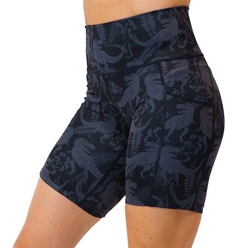 7 inch black on black dinosaur printed shorts