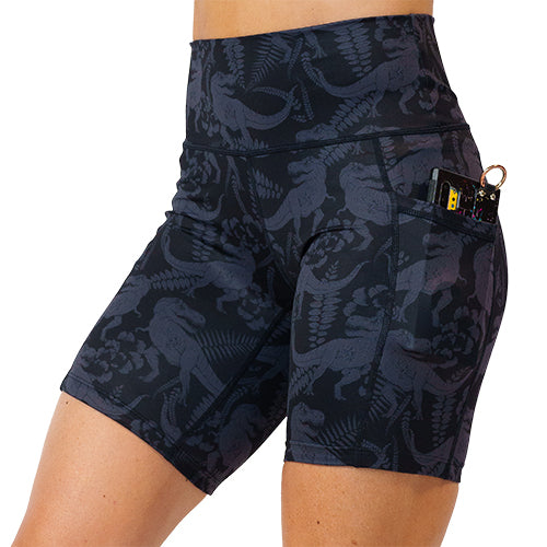 7 inch black on black dinosaur printed shorts with pockets