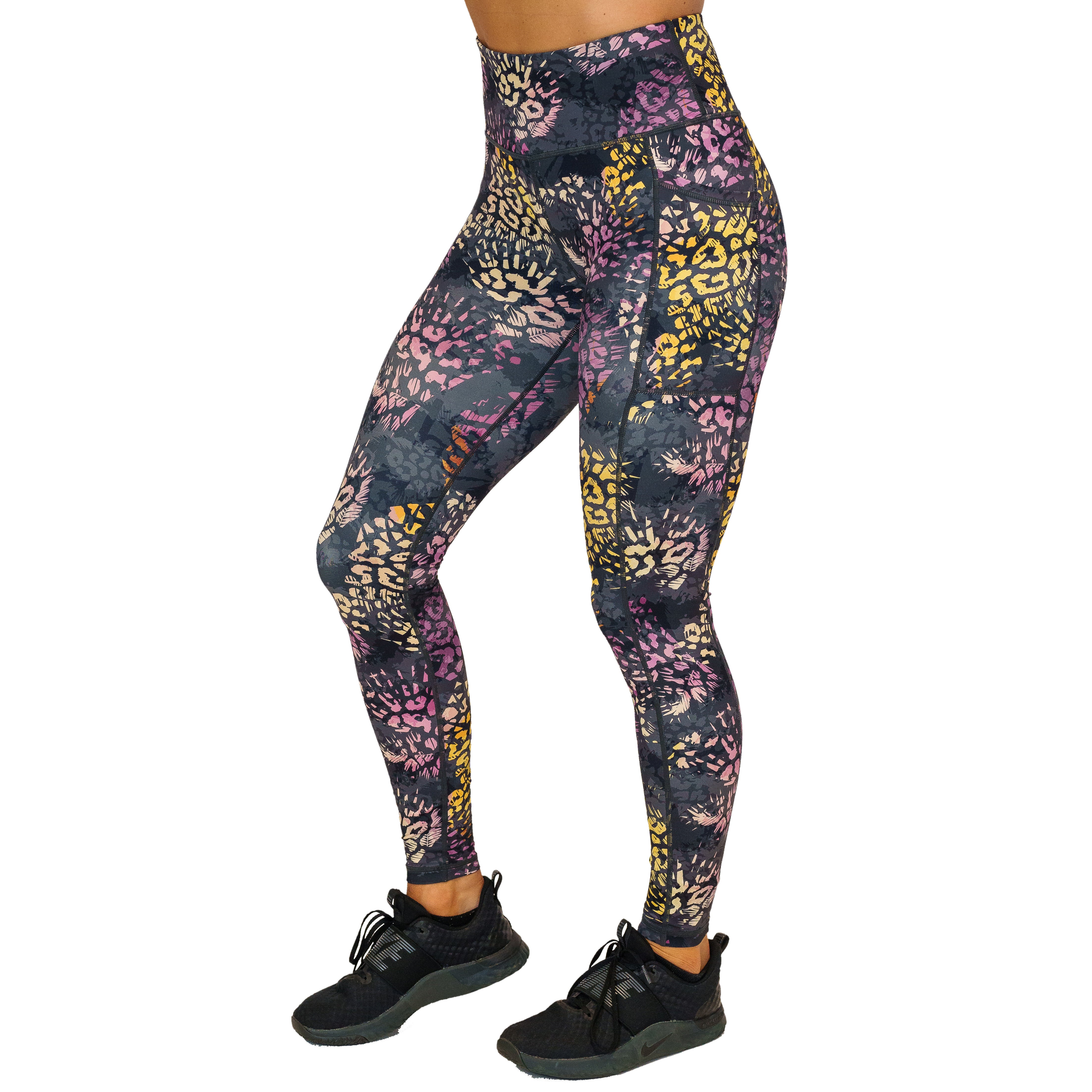 full length grey, yellow and pink cheetah print leggings