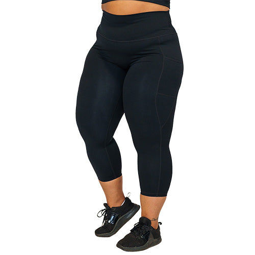 front view of capri length solid black leggings