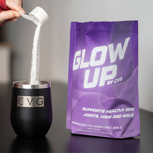 glow up collagen purple bag packaging and a cvg black tumbler filled with collagen