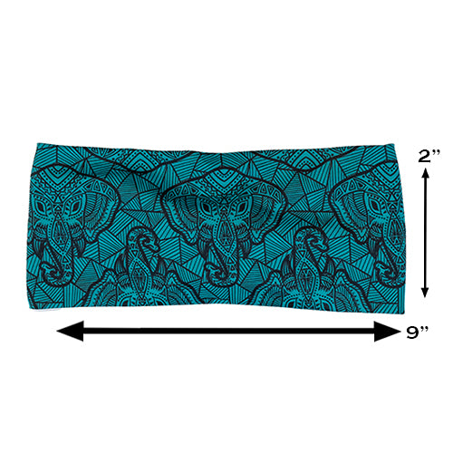 blue elephant outline headband measuring chart, measurements are 2 inches by 9 inches
