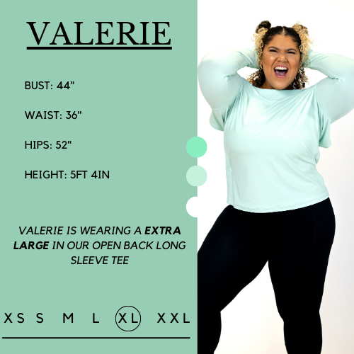 Graphic of a model showing her measurements and what size she wears for the open back long sleeve. Her bust is 44 inches, waist is 36 inches, hips are 52 inches, and height is 5 feet and 4 inches. She wears an extra large in the open back long sleeve