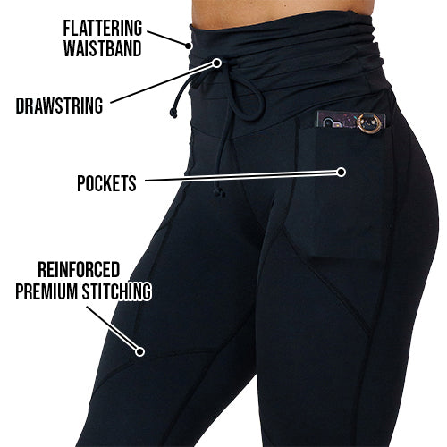 solid black drawstring leggings which includes a flattering waistband, pockets and reinforced premium stitching
