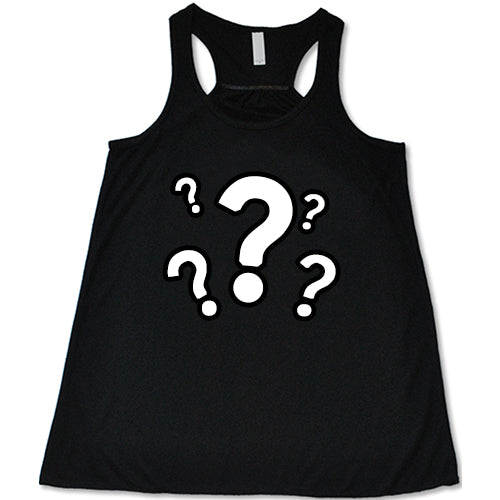 a black shirt with question mark graphics on it