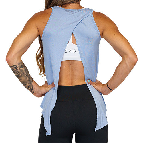 back view of sky blue basic tie back tank