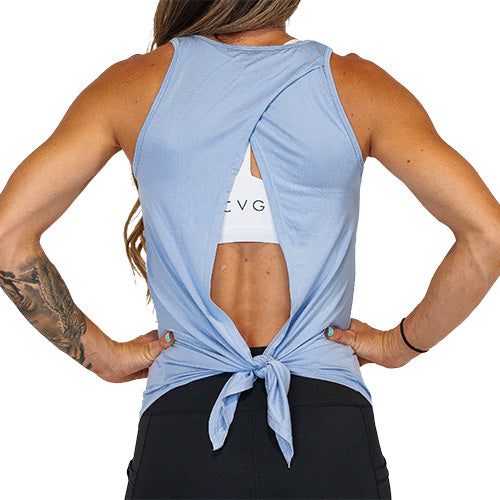 back view of sky blue basic tie back tank