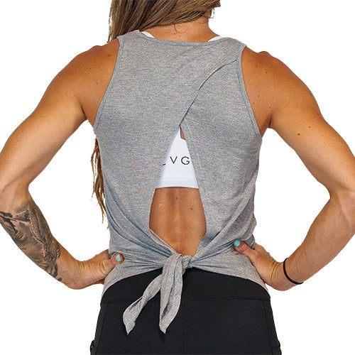 back view of grey basic tie back tank