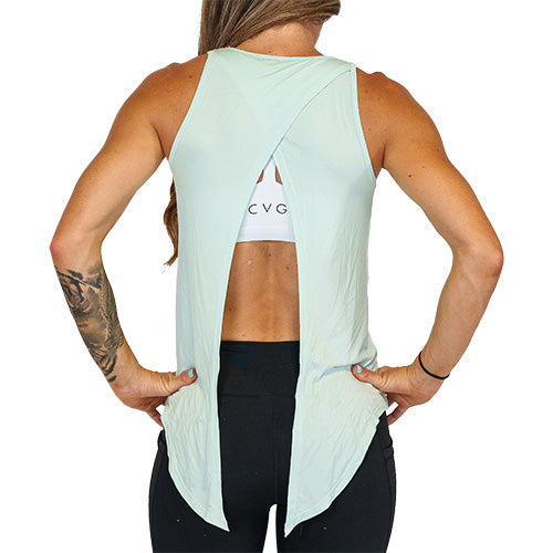 back view of teal basic tie back tank