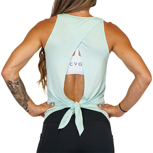 back view of teal basic tie back tank