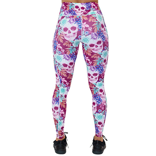 back of the skull and flower patterned leggings