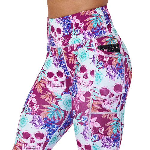 side pocket on the skull and flower patterned leggings