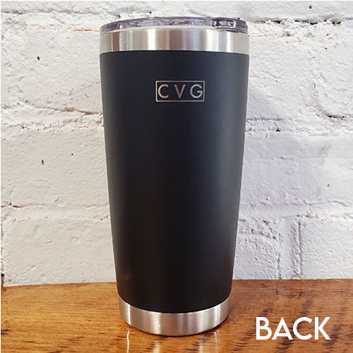 back photo of black 20oz tumbler with cvg logo in the top center in silver