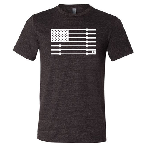 black unisex shirt with a white barbell American flag design in the center