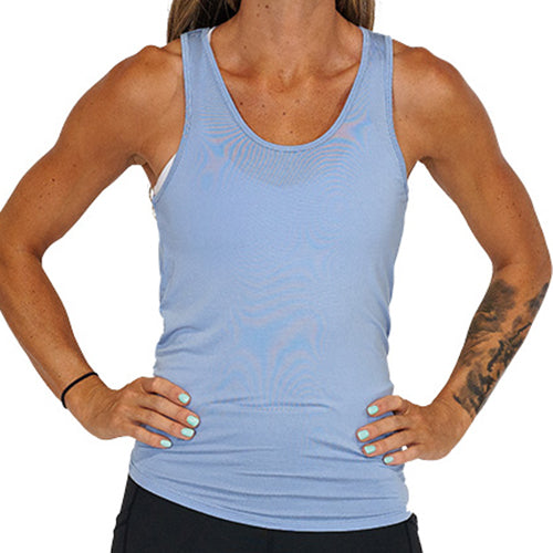front view of sky blue basic tie back tank