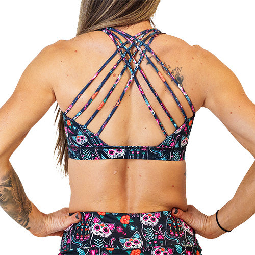 back view of kitty skeleton design sports bra