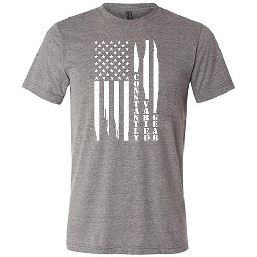 grey unisex shirt with a white distressed flag design in the center