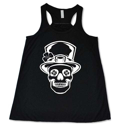 black racerback tank top with a white leprechaun skull graphic