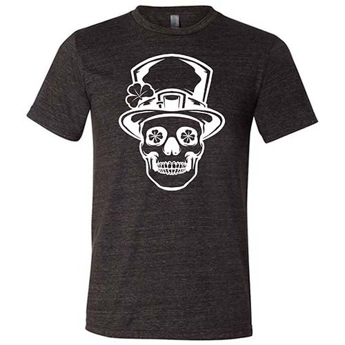 black unisex shirt with a leprechaun skull graphic on it in white