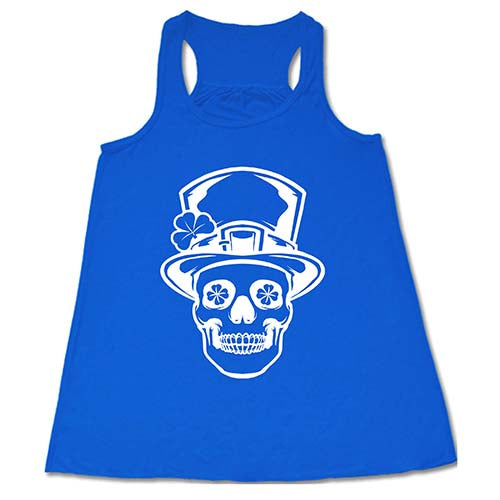 blue racerback tank top with a white leprechaun skull graphic