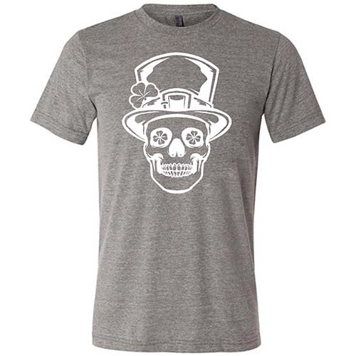 grey unisex shirt with a leprechaun skull graphic on it in white