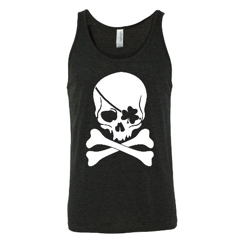 black unisex shirt with a shamrock skull graphic on it in white