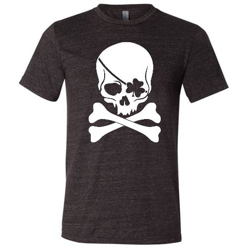 black unisex shirt with a shamrock skull graphic on it in white