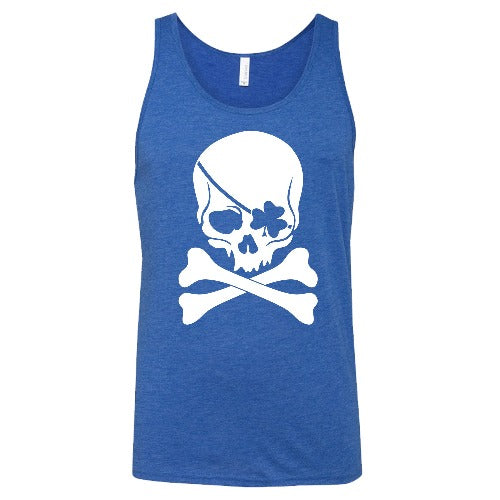 blue unisex shirt with a shamrock skull graphic on it in white