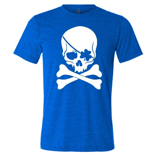 blue unisex shirt with a shamrock skull graphic on it in white