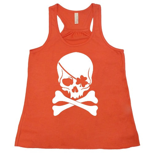 coral unisex shirt with a shamrock skull graphic on it in white