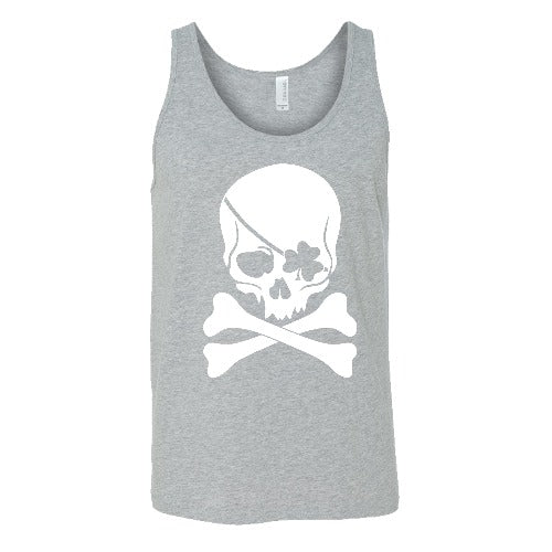 grey unisex shirt with a shamrock skull graphic on it in white