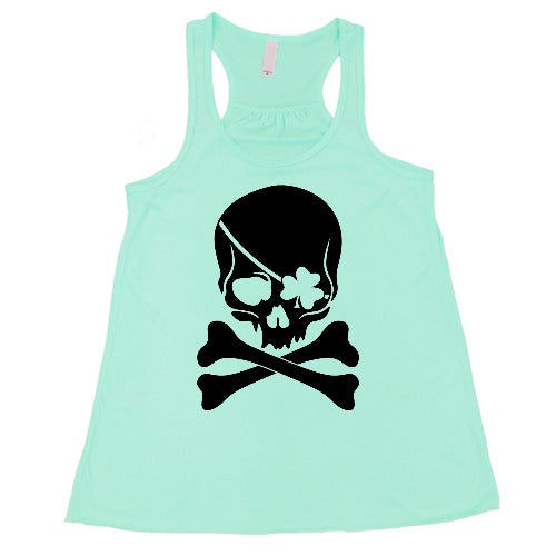 mint unisex shirt with a shamrock skull graphic on it in black