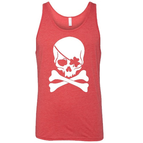 red unisex shirt with a shamrock skull graphic on it in white