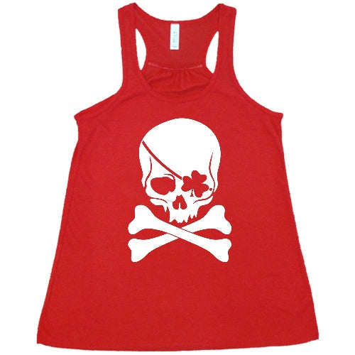 red unisex shirt with a shamrock skull graphic on it in white