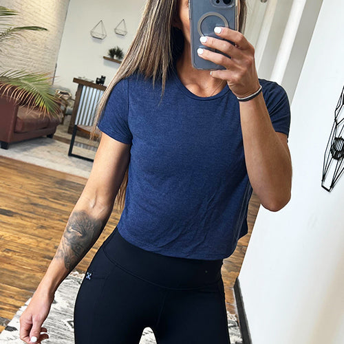front view of solid navy blue cropped t shirt