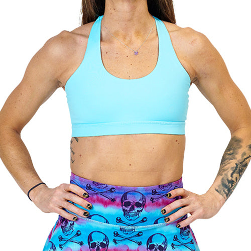 front view of solid powder blue sports bra