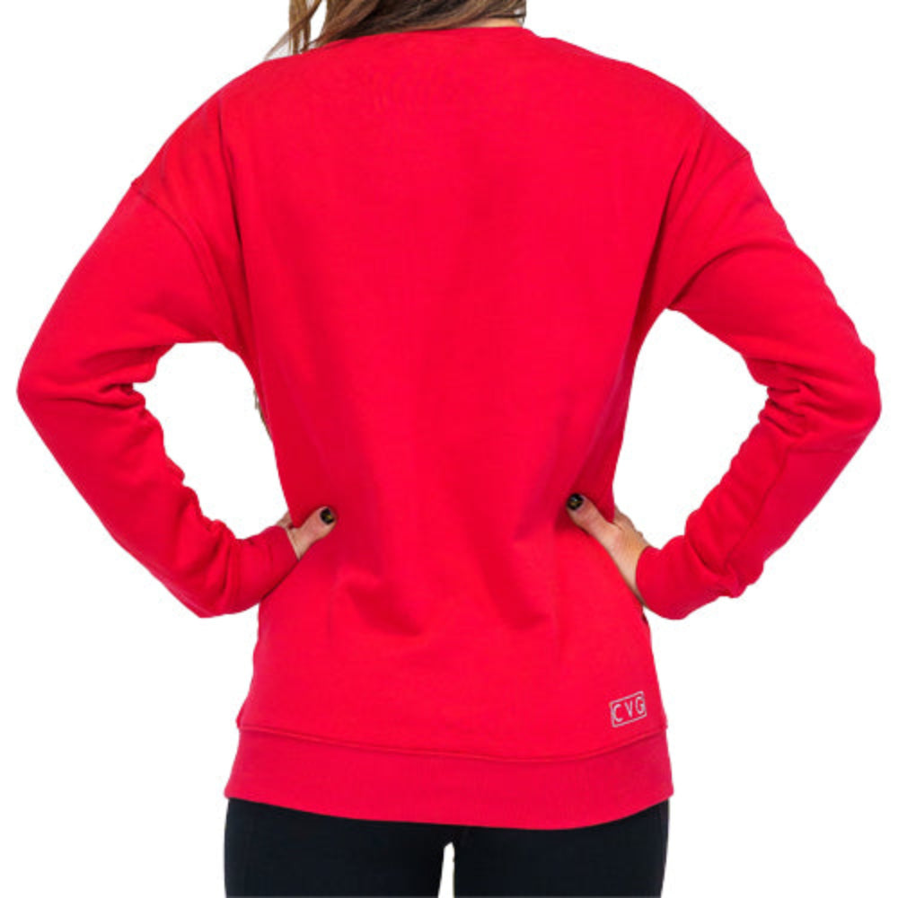 back view of solid red crew neck