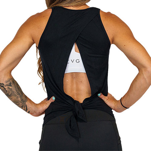 back view of black basic tie back tank