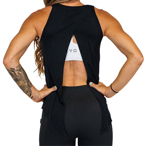 back view of black basic tie back tank
