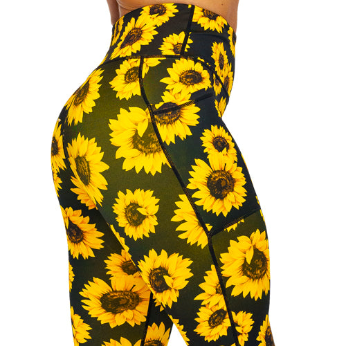 close up back view of sunflower print leggings