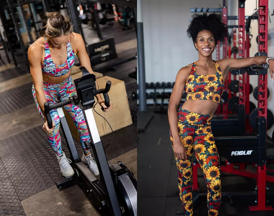 People wearing colorful patterned workout leggings and matching athletic tops while exercising in a gym.