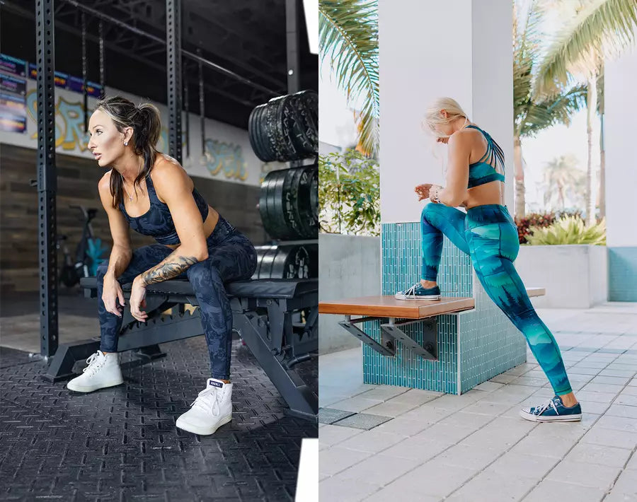 Person stretching in blue and black compression leggings