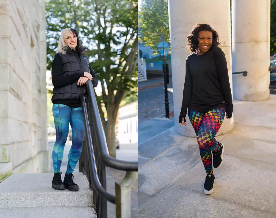 Person wearing colorful printed leggings outdoors