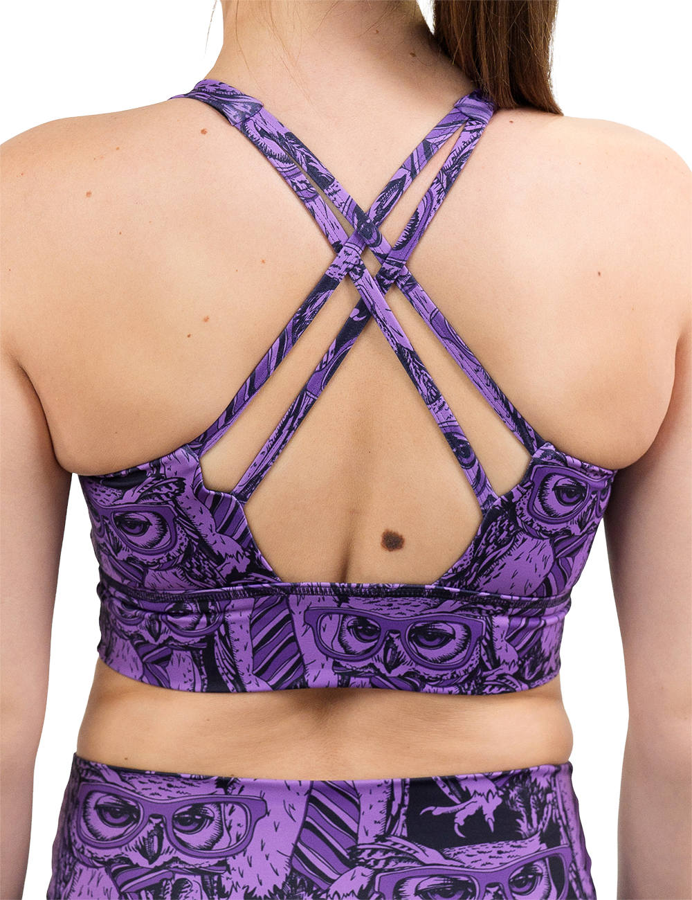 back of the purple owl wearing glasses and a tie print longline bra against a white background