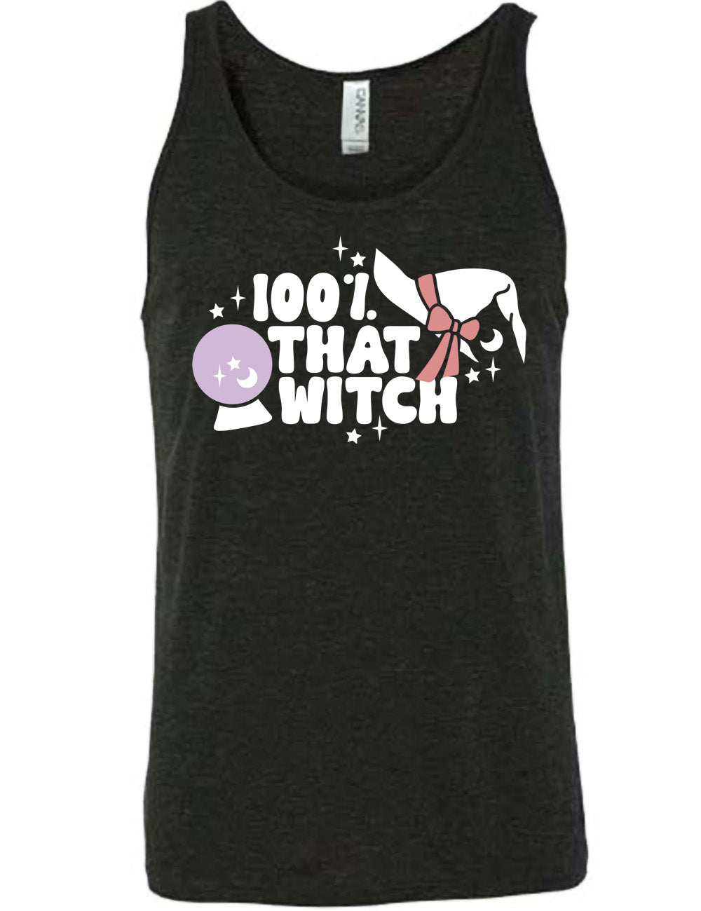 black unisex tank with the words "100% that witch" next to the graphic of a witch hat with a bow, a crystal ball, and some stars