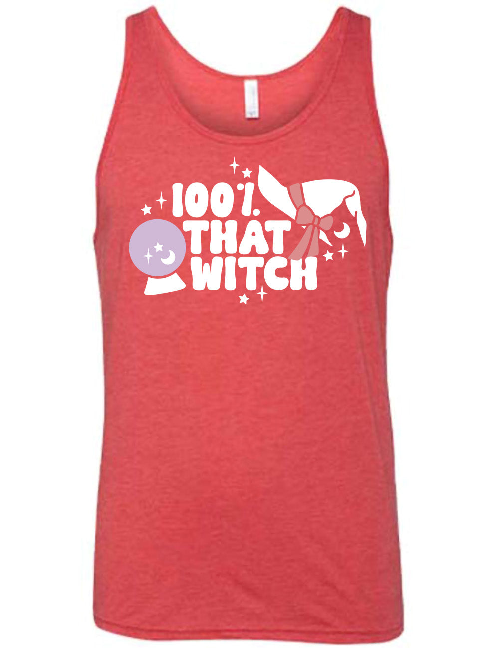 red unisex tank with the words "100% that witch" next to the graphic of a witch hat with a bow, a crystal ball, and some stars