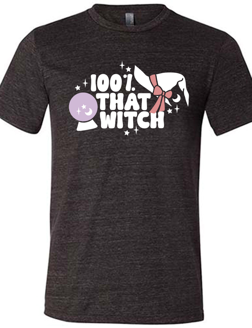 black unisex tee with the words "100% that witch" next to the graphic of a witch hat with a bow, a crystal ball, and some stars