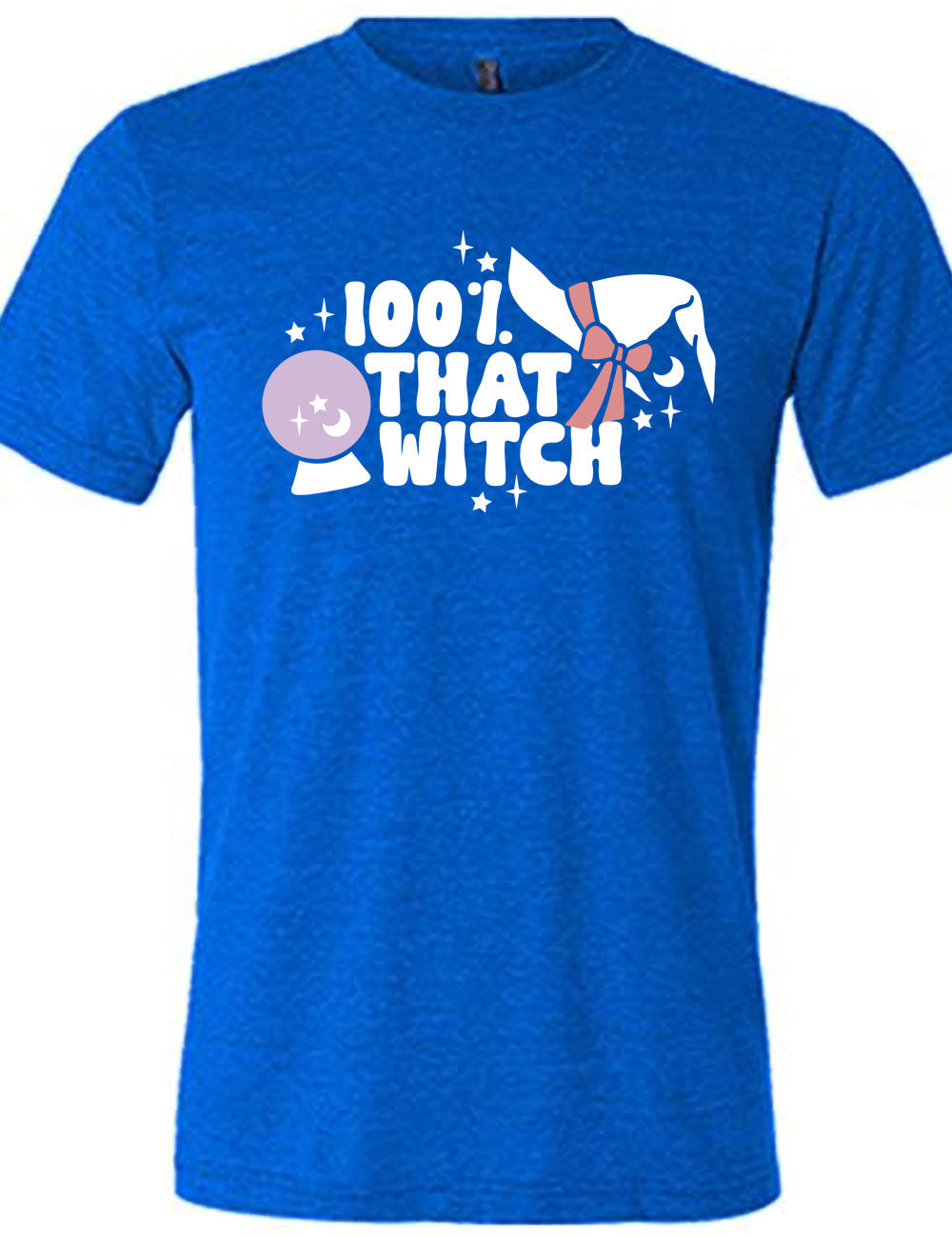 blue unisex tee with the words "100% that witch" next to the graphic of a witch hat with a bow, a crystal ball, and some stars