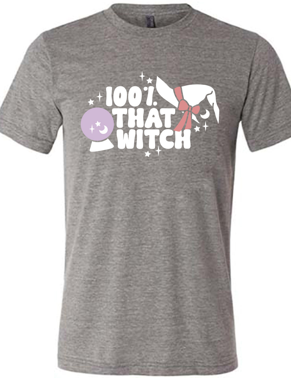 grey unisex tee with the words "100% that witch" next to the graphic of a witch hat with a bow, a crystal ball, and some stars